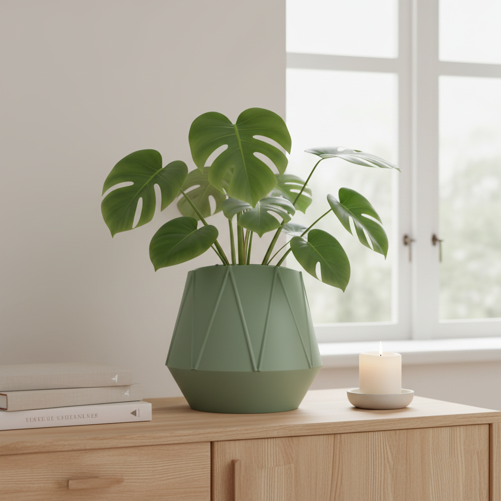 Sage green GeoBloom planter with a monstera plant on a wooden sideboard in a Scandinavian interior