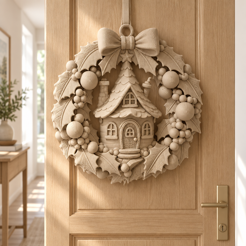 Warm beige Fairy Cottage Christmas Wreath hanging on a light oak interior door