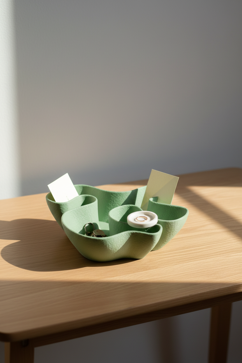 Fabric Ripple Bowl sage green matte sweeping fabric-fold rim sculpted interior compartments pale oak entryway console table keys small card soft warm afternoon Japandi interior portrait