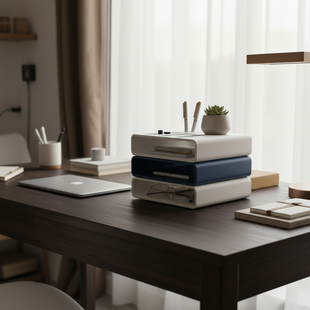 Deep blue stackable organizer on a dark Japandi desk with laptop and stationery