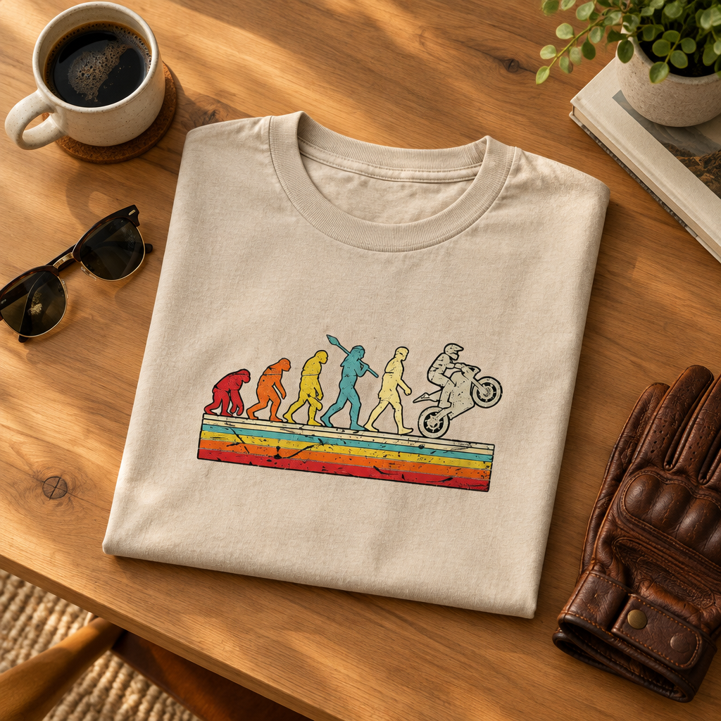 Beige Evolution of the Motorcyclist T-shirt beside a motorcycle helmet