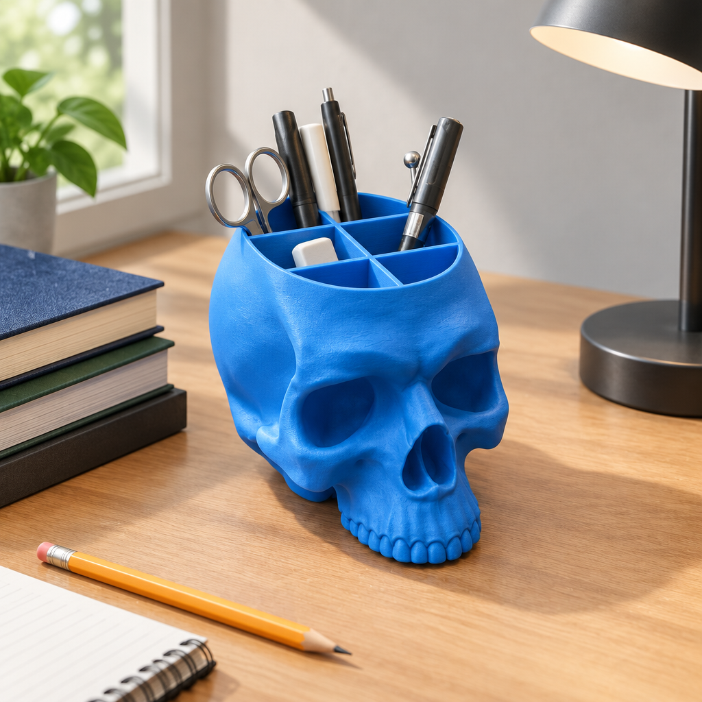 Blue skull desk organiser holding stationery on a student desk