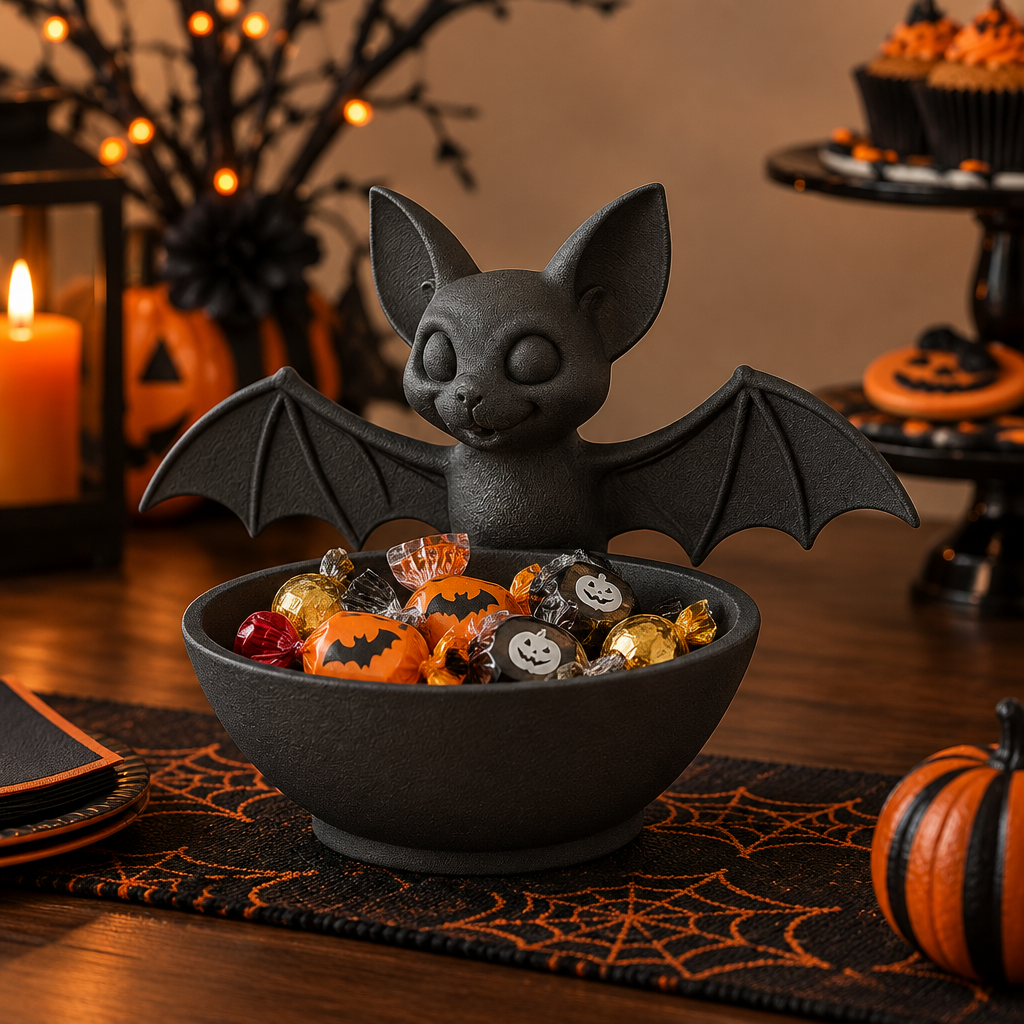 Black Bat Sweet Tray set out with wrapped sweets on a Halloween party table