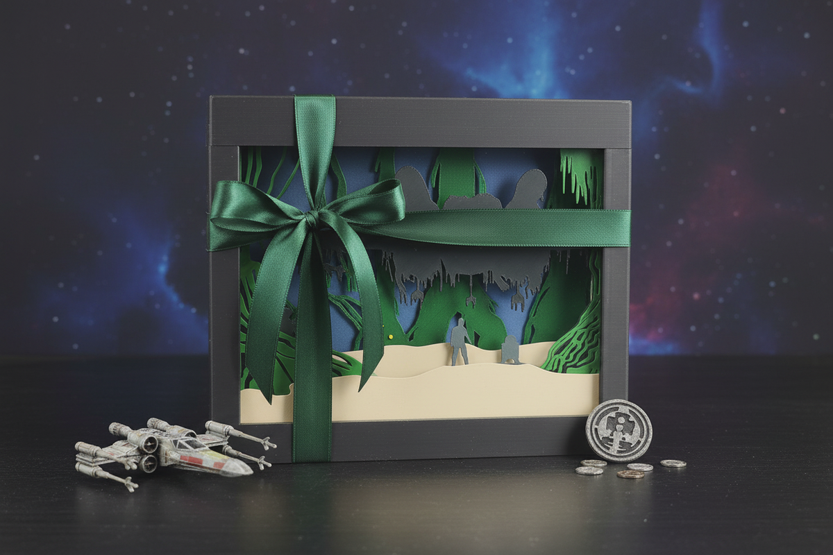 Dagobah Shadow Box presented as a gift in a sleek grey box with green ribbon