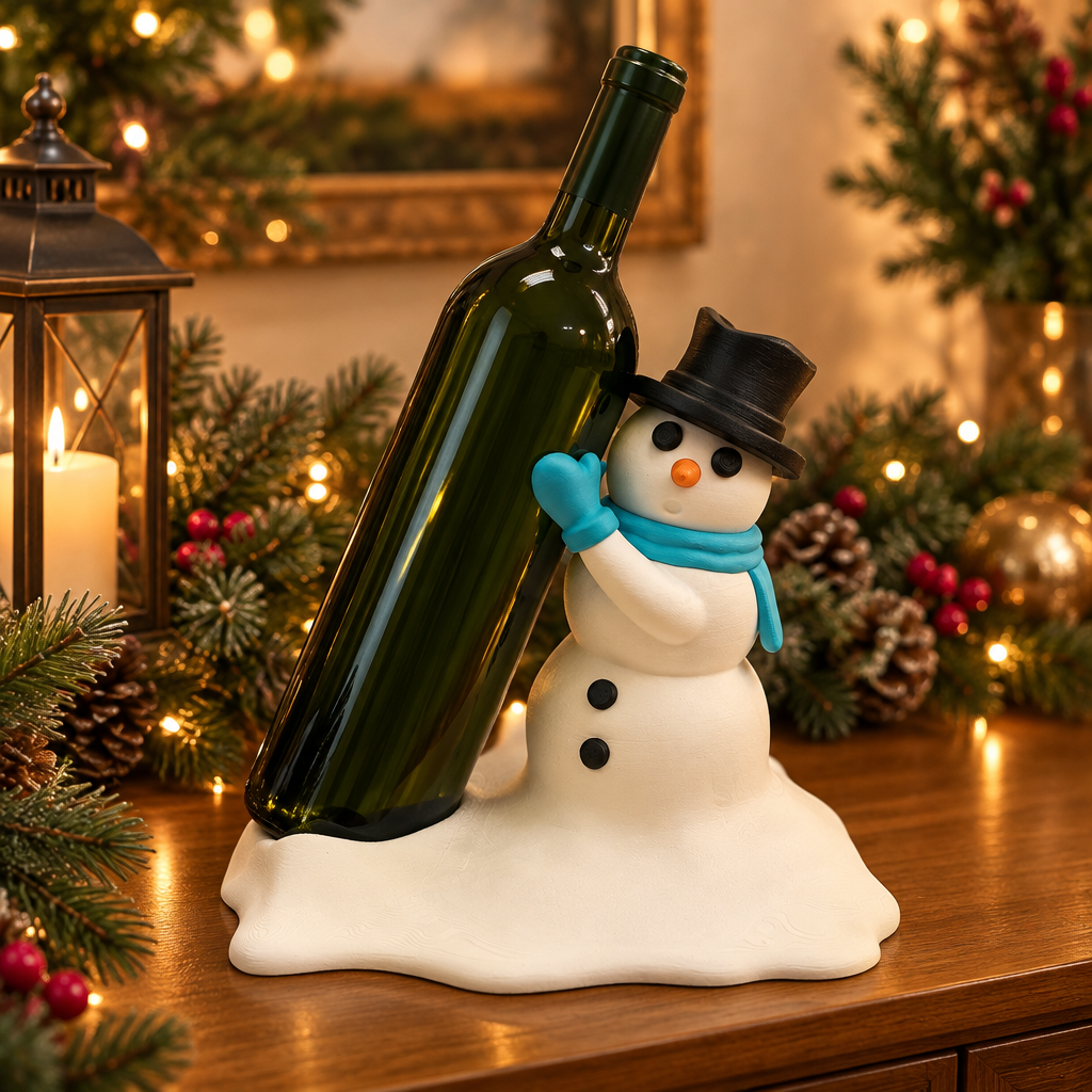 Snowman bottle holder with plain bottle displayed on a warmly lit sideboard