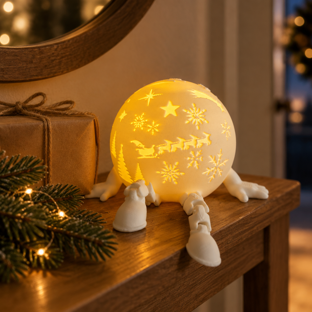 White globe tealight holder with short legs displayed beside a wrapped festive gift