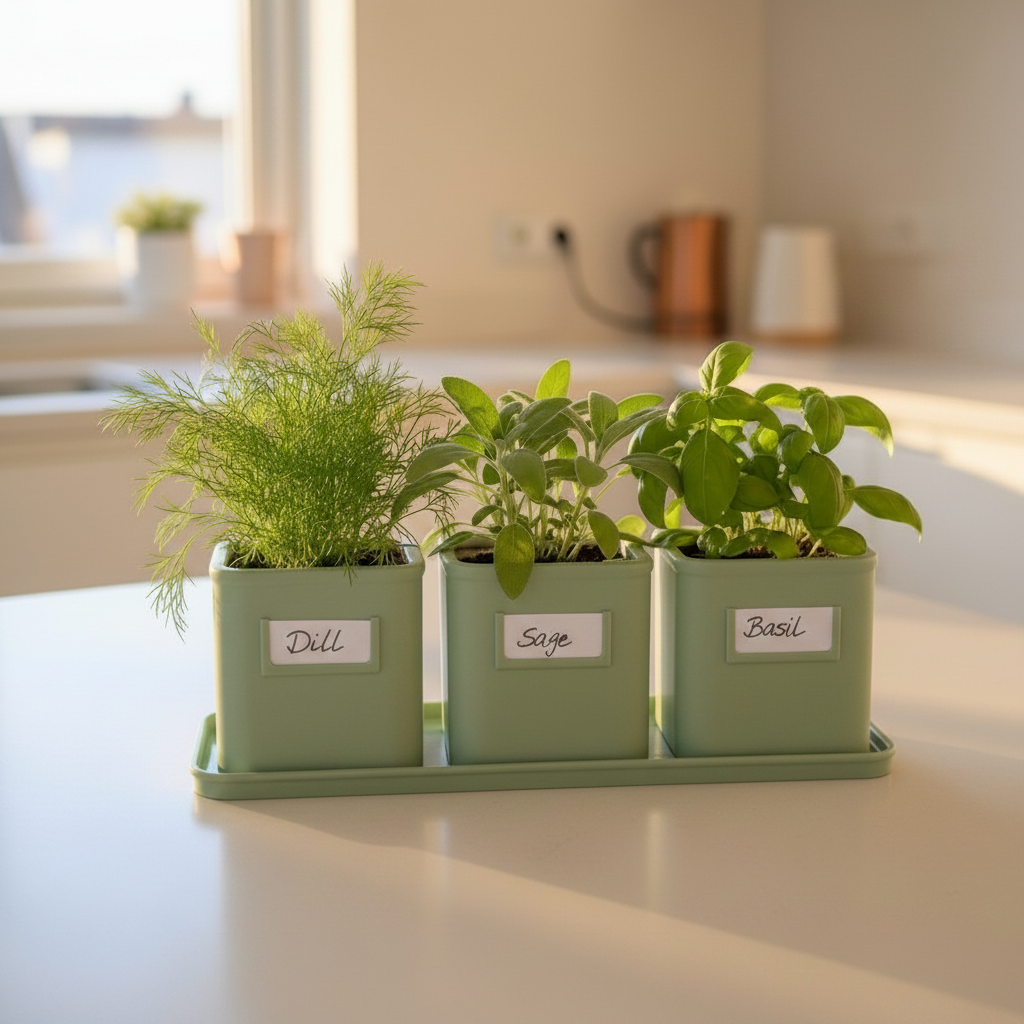 Sage green herb pot set with fresh herbs on a bright kitchen windowsill