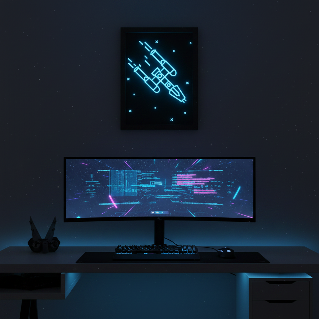 Y-Wing neon line art shadow box hung on a dark wall above a gaming desk with blue RGB lighting