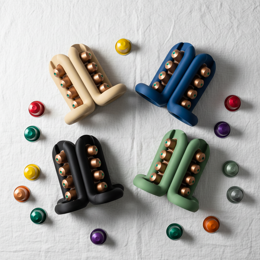 Four colour Wibble 4-way pod holders group flatlay on white linen - lifestyle