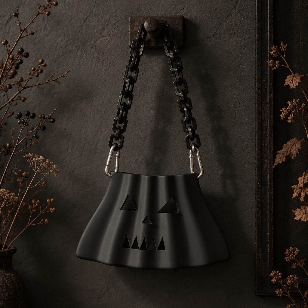 Matte black pumpkin-shaped bag with its attached black chains hanging on a dark display hook