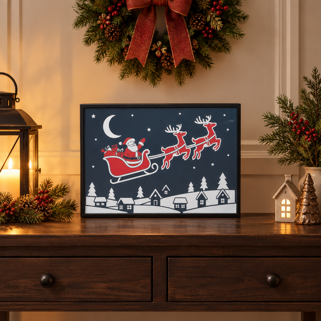 Framed Santa on Sleigh picture on a dark wood entryway console beneath a wreath