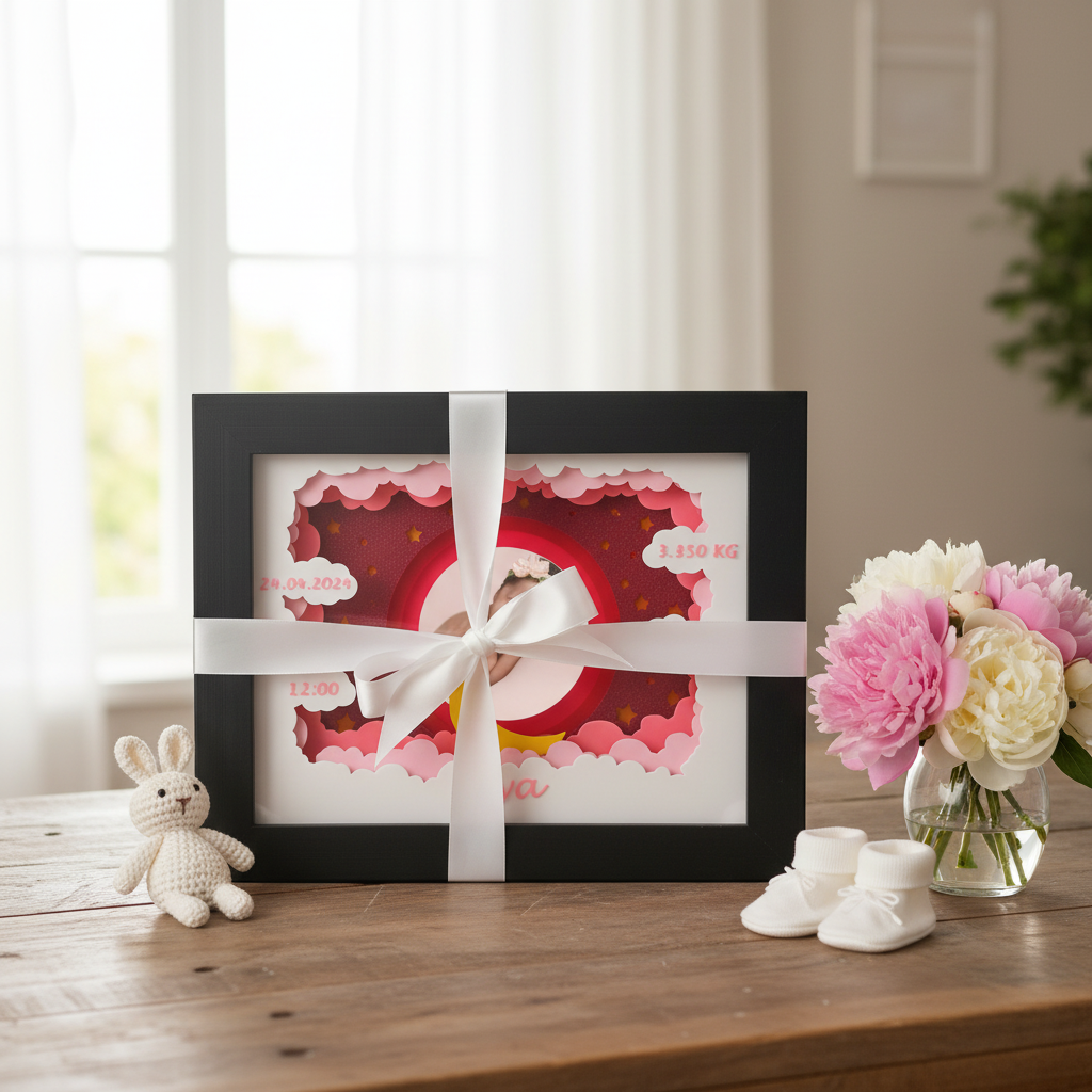 Baby Photo Frame Shadow Box presented as a new baby gift with white ribbon and bow on a table with baby items