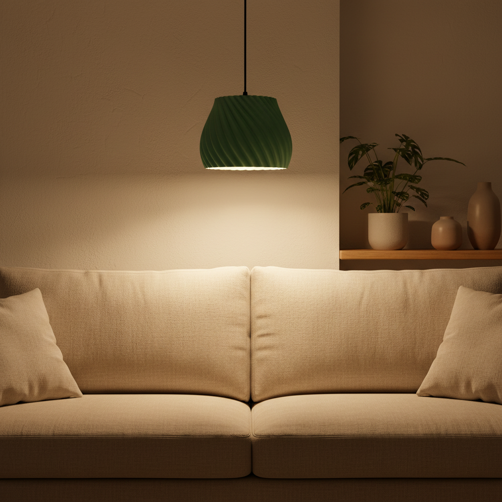 Sage green twisted pendant in warm living room - lifestyle