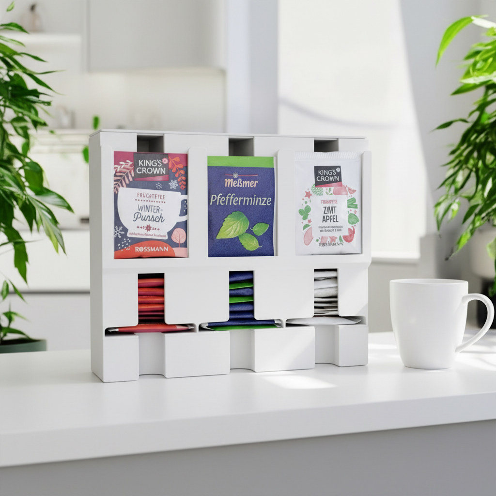 Stackable Tea Bag Dispenser - white colourway on minimalist white kitchen counter