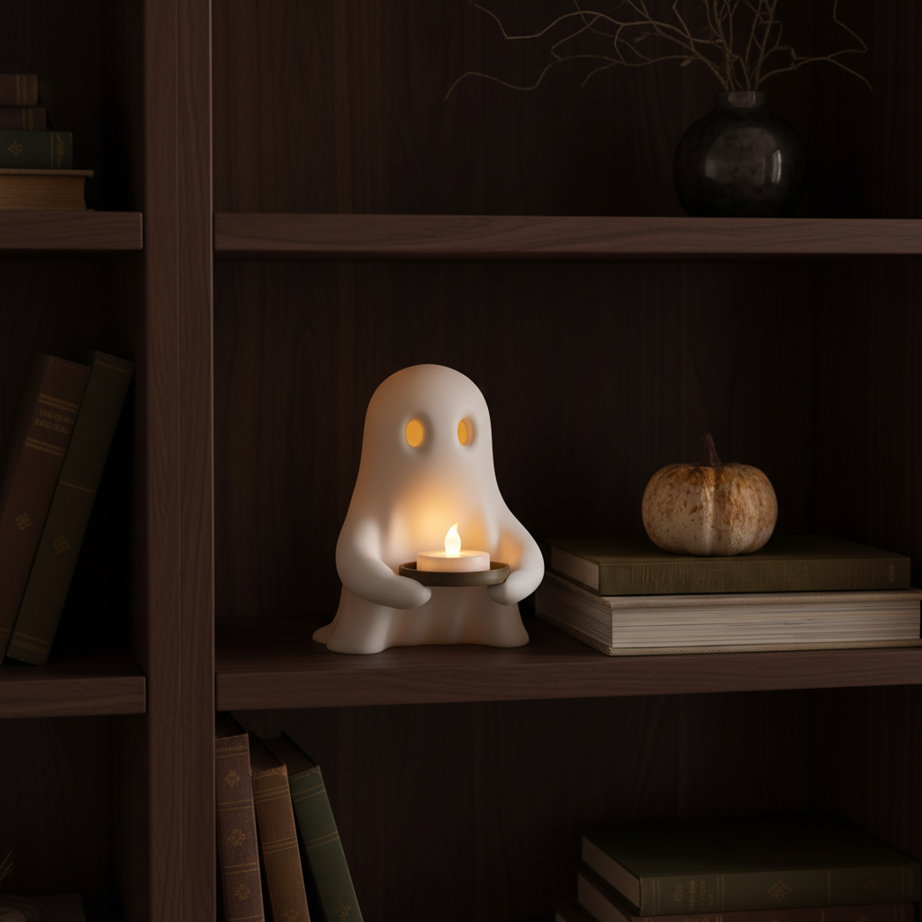 Glowing white ghost LED tealight holder styled on a dark bookshelf