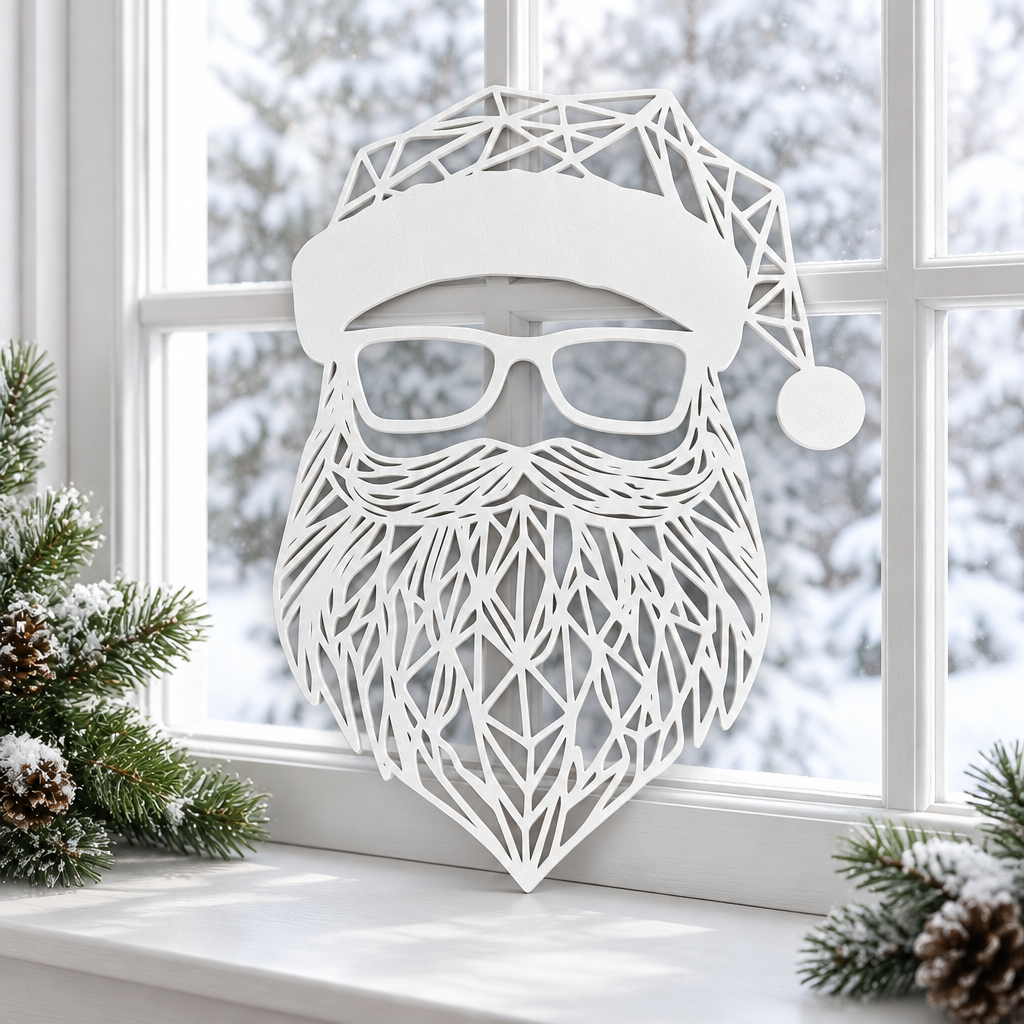 White geometric Santa sign displayed at a bright winter window with snowy scenery