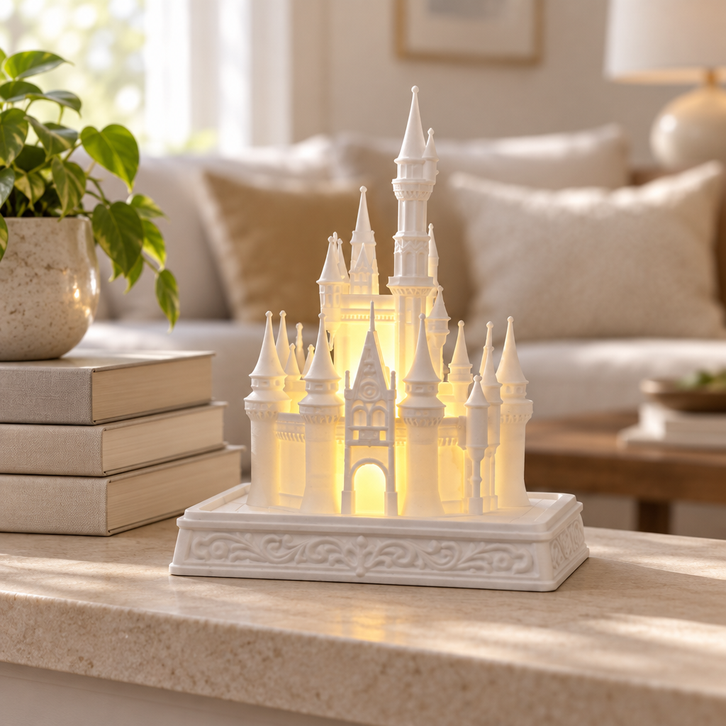 White castle tealight holder styled on a pale stone shelf with neutral books