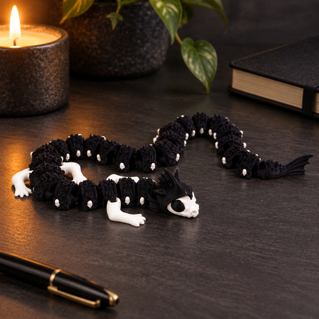Articulated Reaper Dragon on charcoal desk