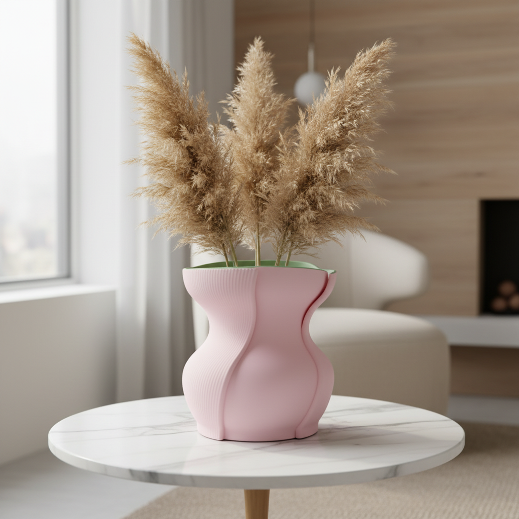 Aera vase in sage green with dried pampas grass on a marble side table in a Scandinavian interior