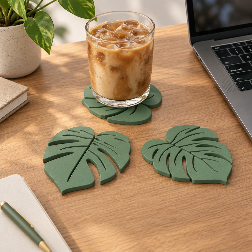 Sage green monstera leaf coasters with a glass of iced coffee on a wooden desk beside a laptop
