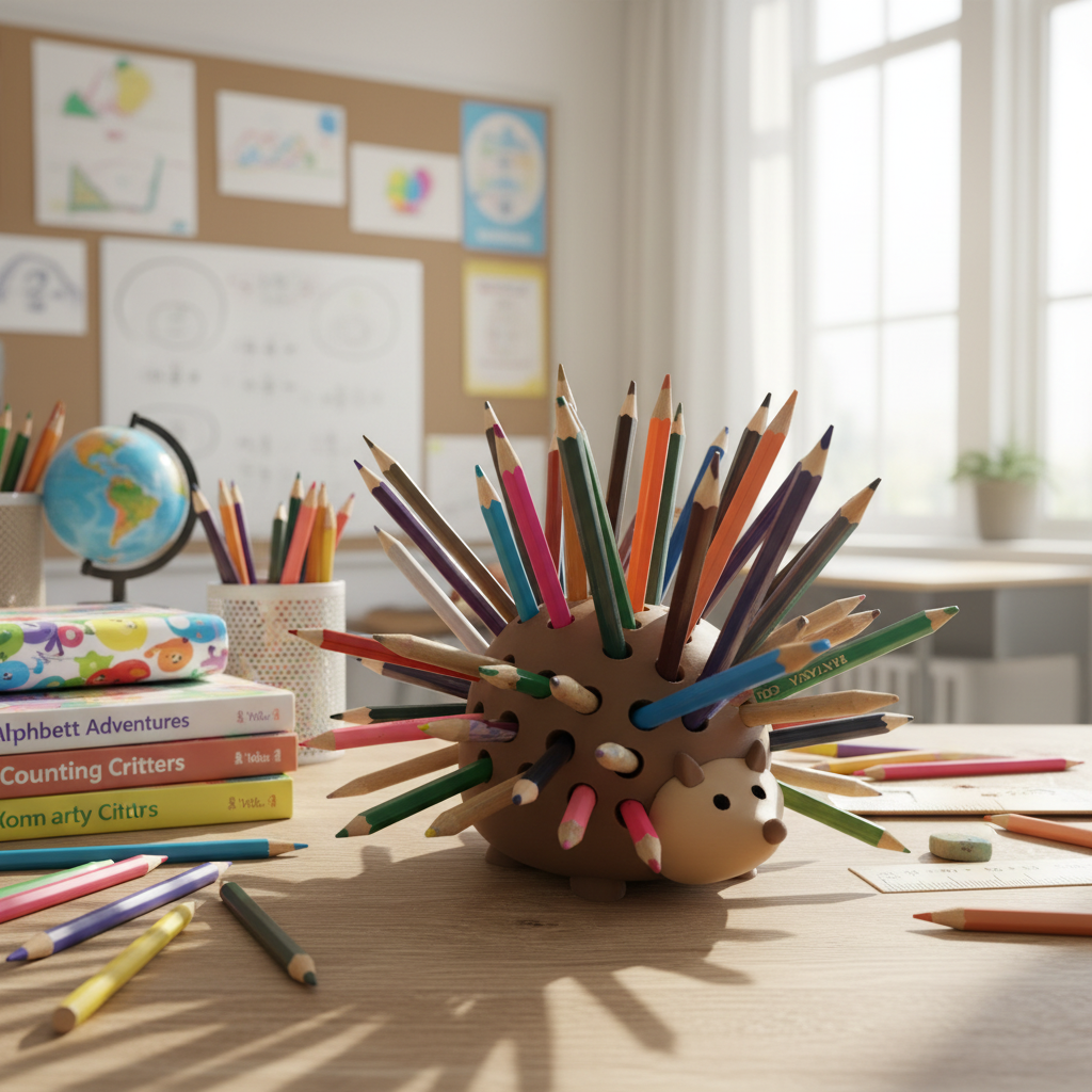 Pencil Hedgehog on a classroom teacher's desk with books and stationery