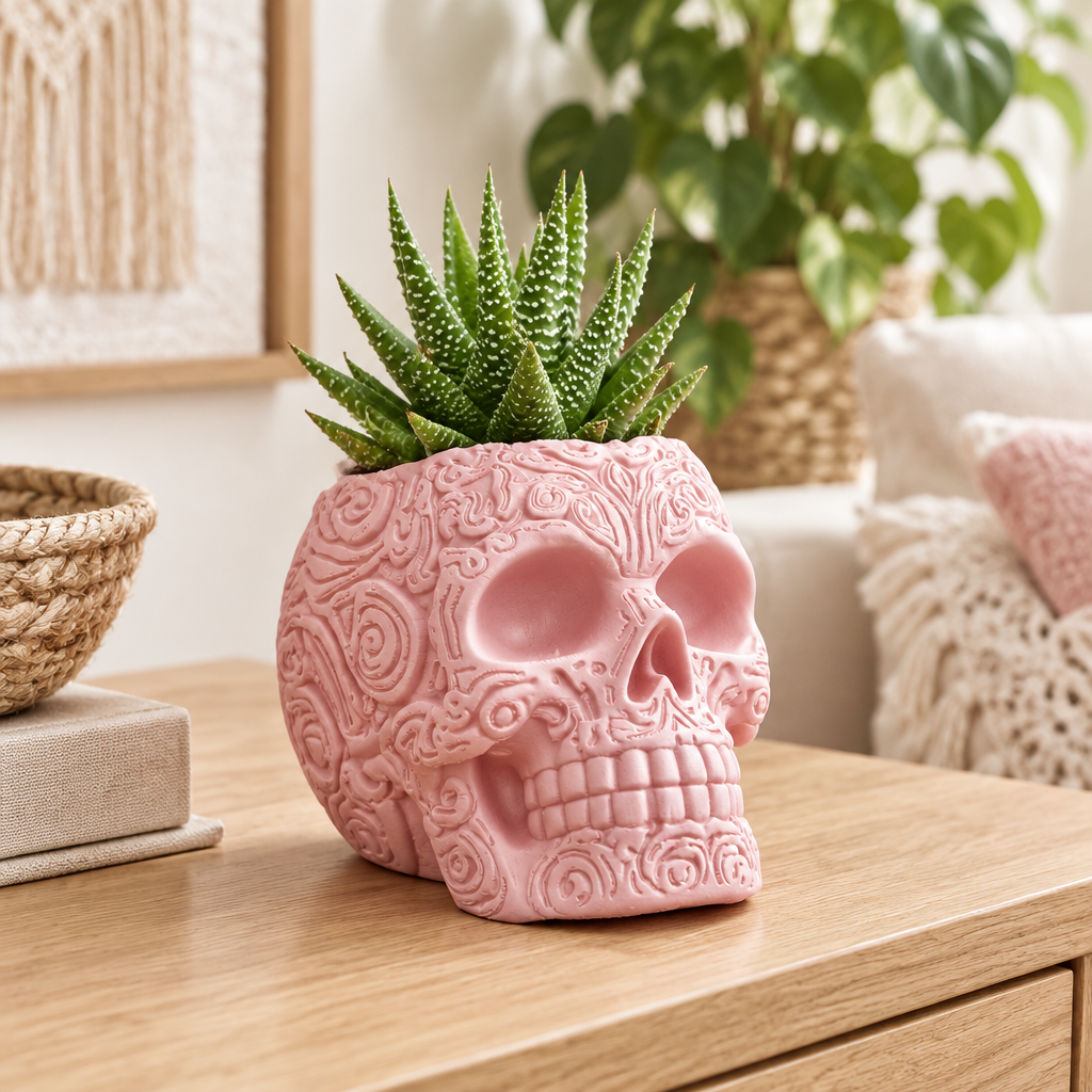 Pink skull planter with raised swirls and a succulent on a light oak console