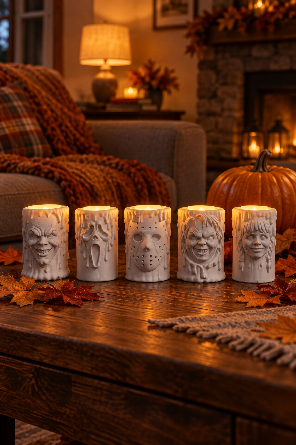 The five-piece horror tealight set displayed on a cozy coffee table with autumn leaves and a pumpkin