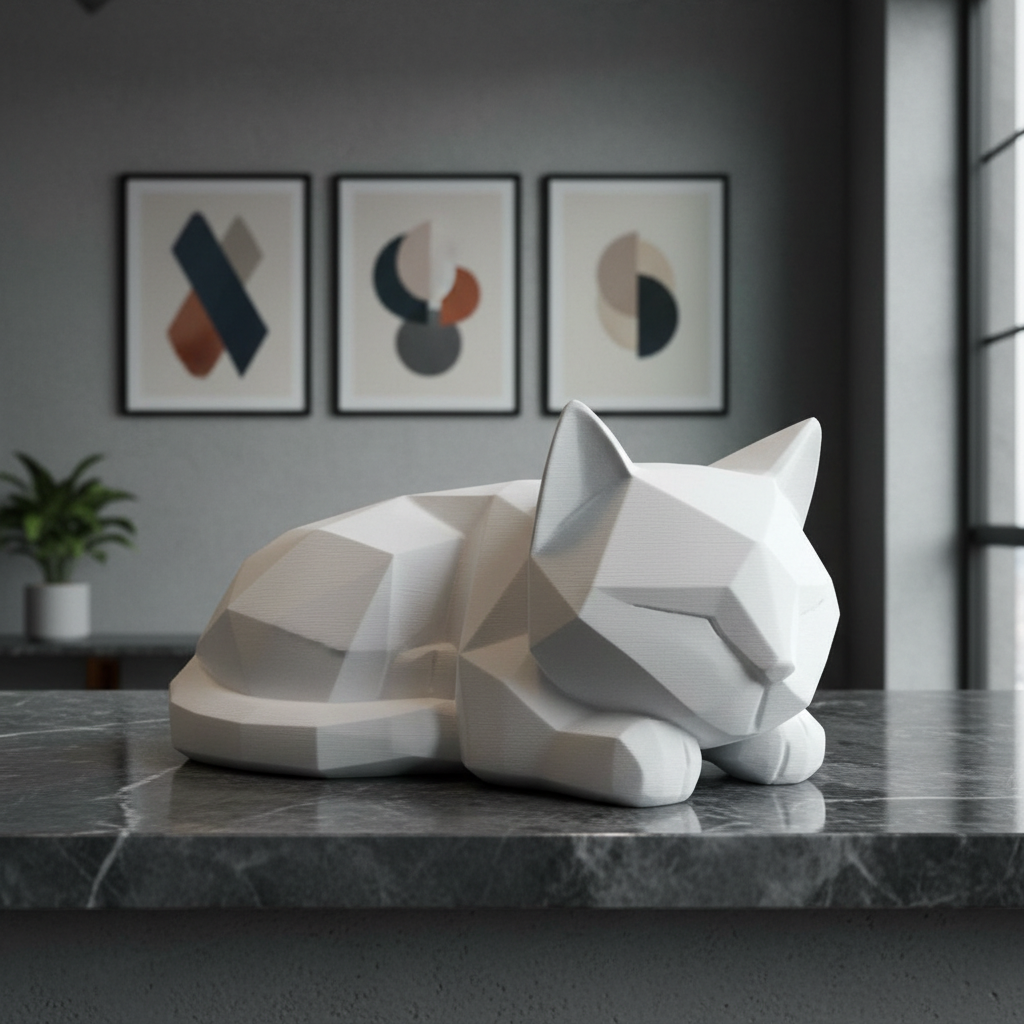 Matte white Low-Poly Kitten Sculpture on a dark marble shelf with gallery lighting