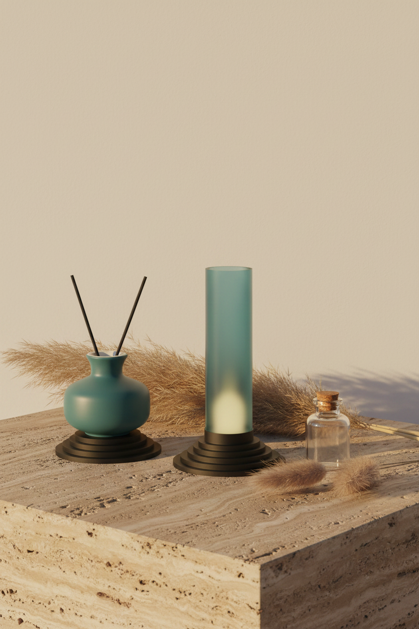 Stepped tealight holder on travertine with dried pampas grass