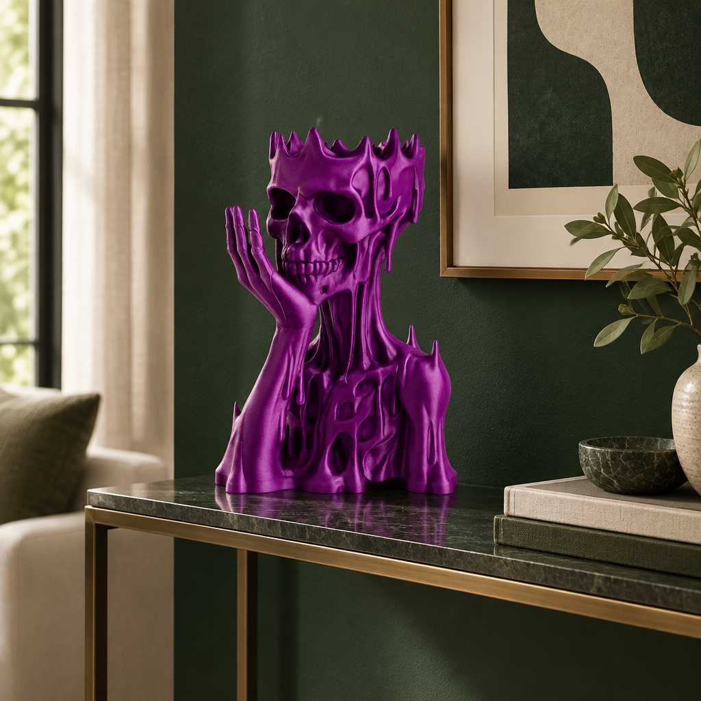 Purple skull and upper torso ornament on a console table against a deep green wall.