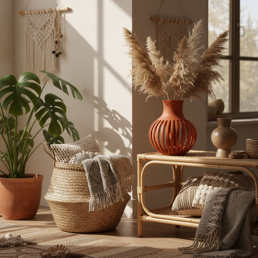 Terracotta orange Versa slatted vase on rattan shelf with pampas grass and monstera plant, boho living room