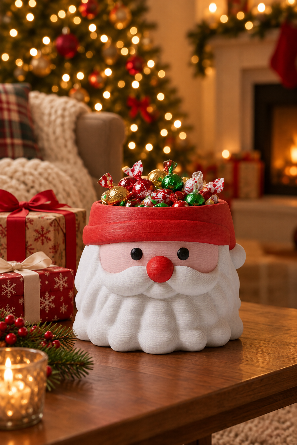 Santa Head sweet bowl on a coffee table beside Christmas presents and a softly lit tree