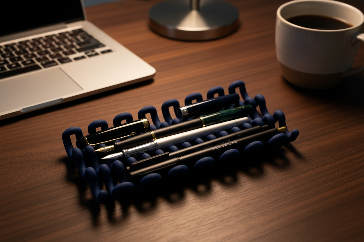 Navy wibble pen tray with fountain pens moody studio - lifestyle