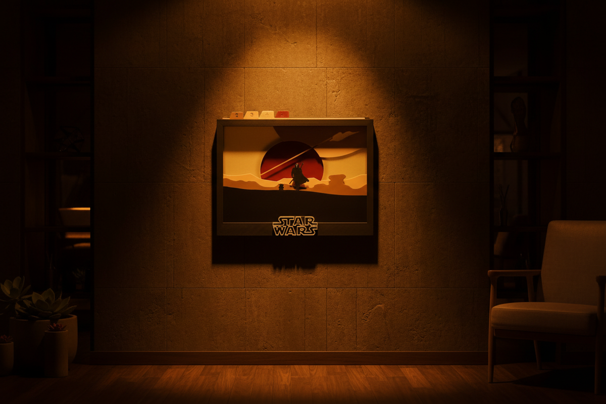 The Mandalorian Shadow Box hung on a dark feature wall with dramatic golden amber cinematic lighting