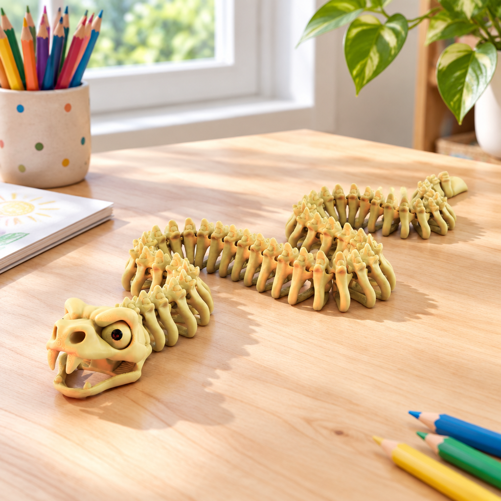 Snake Skeleton fidget arranged in an S curve beside pencils