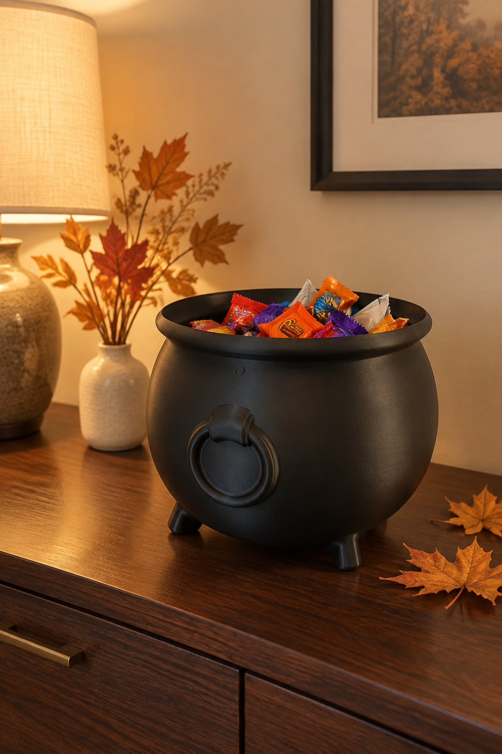 Black cauldron sweet tray styled on a warm living room sideboard