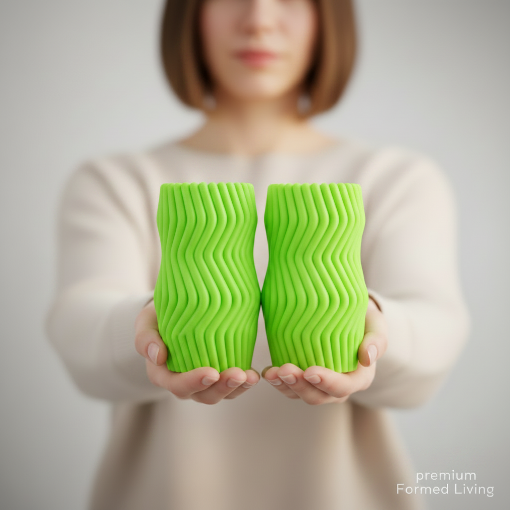 Wavy Twist Vase Set in neon green, held in hands scale shot
