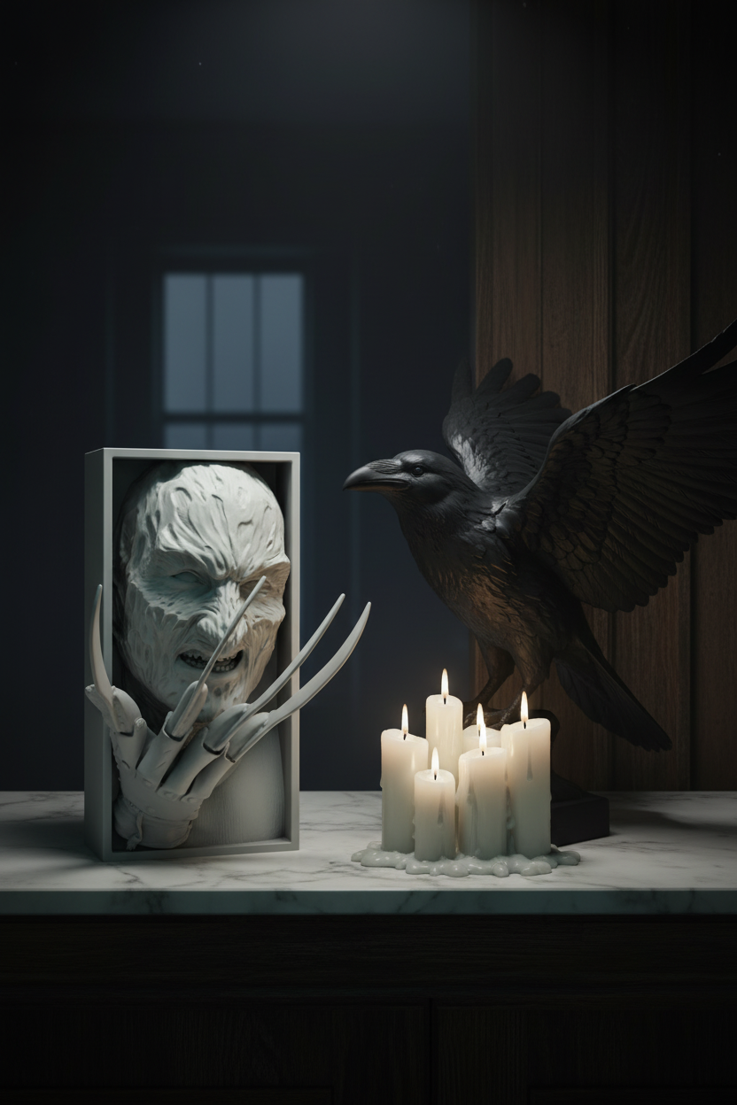 Freddy Krueger book nook relief sculpture white framed box pale marble shelf dark moody interior black raven sculpture melted taper candles ghostly atmospheric pale editorial portrait