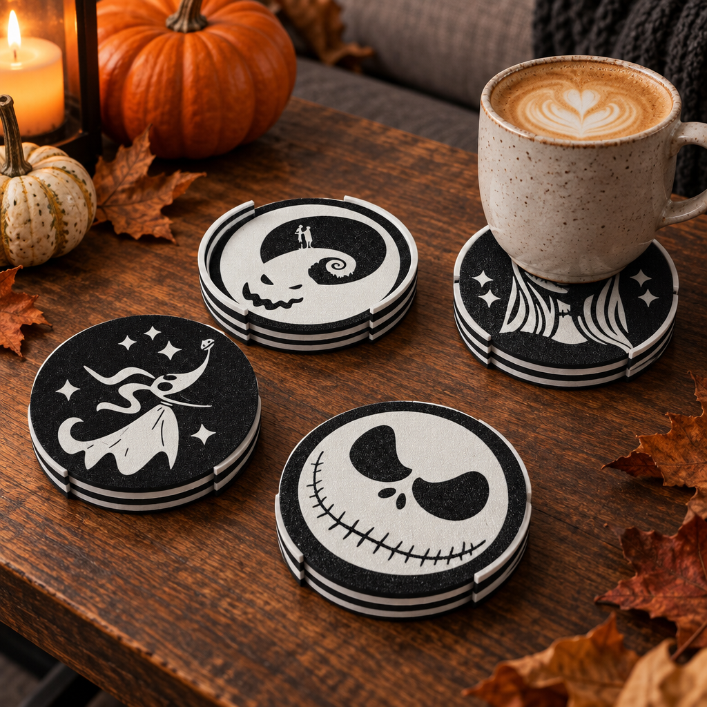 Black-and-white character coasters styled with a latte and refined autumn decor
