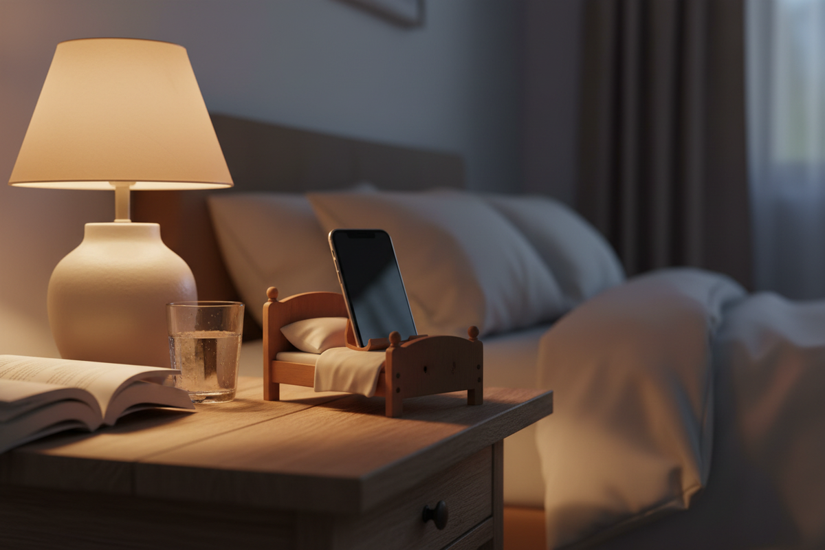 Smartphone Bed on a cosy bedside table at night next to a lamp and book