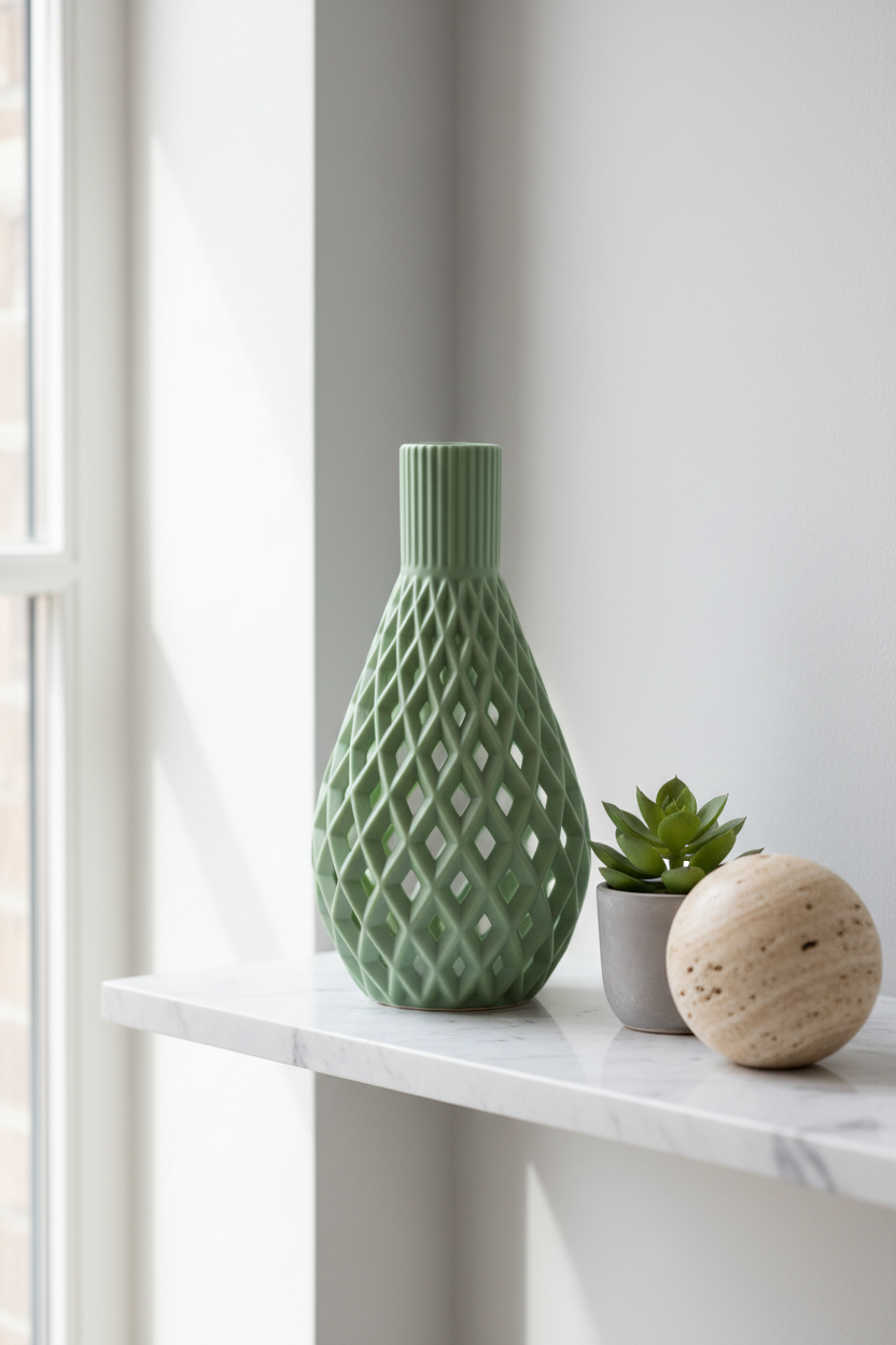 Textured Geometric Vase sage green diamond-weave lattice on white marble shelf beside succulent and travertine object bright Scandinavian interior