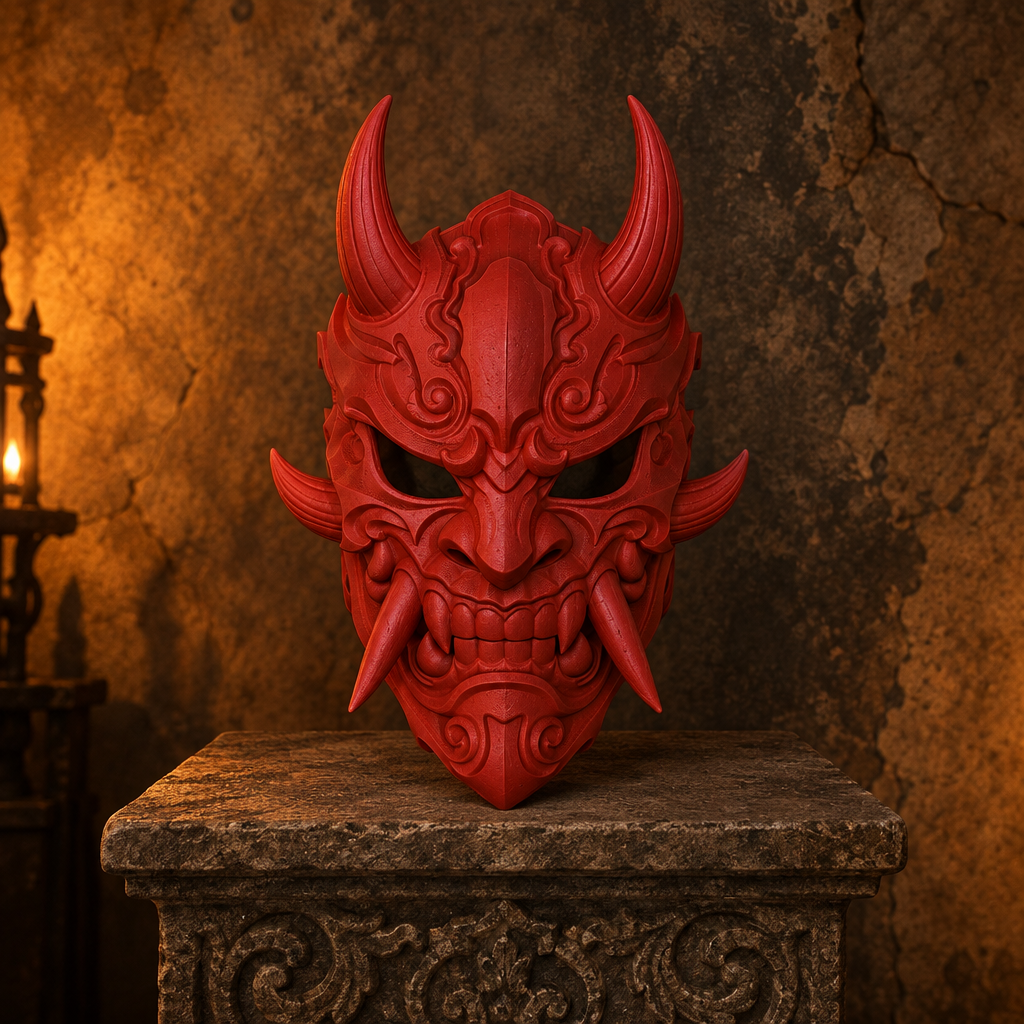 Uniform red Oni Demon Mask on a carved stone plinth in warm Halloween lighting.
