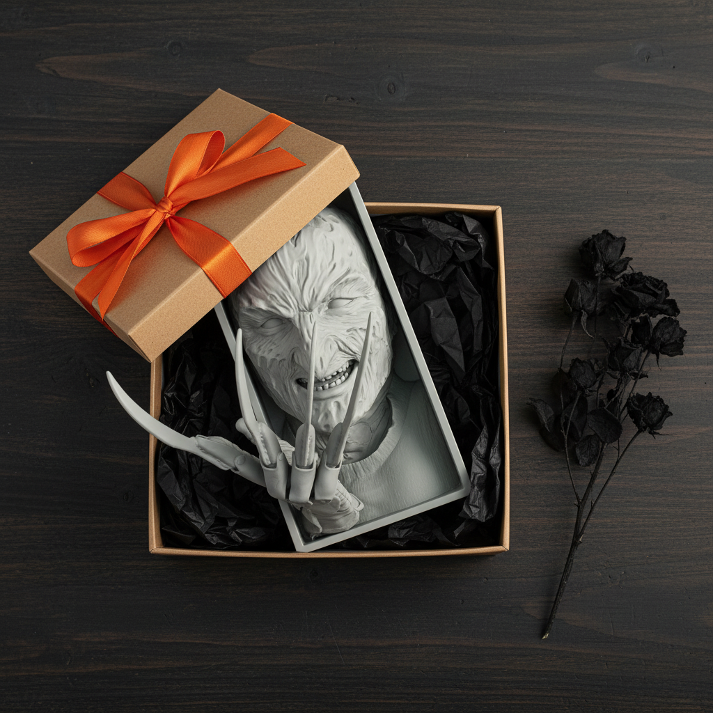 Freddy Krueger book nook relief sculpture grey framed box kraft paper gift box black tissue paper dried black flowers orange ribbon bow dark wooden surface Halloween horror gift giving overhead square editorial