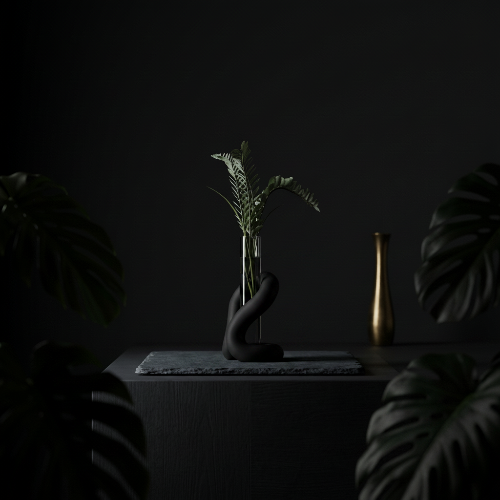 Black loop stand with monstera cutting moody lighting - lifestyle