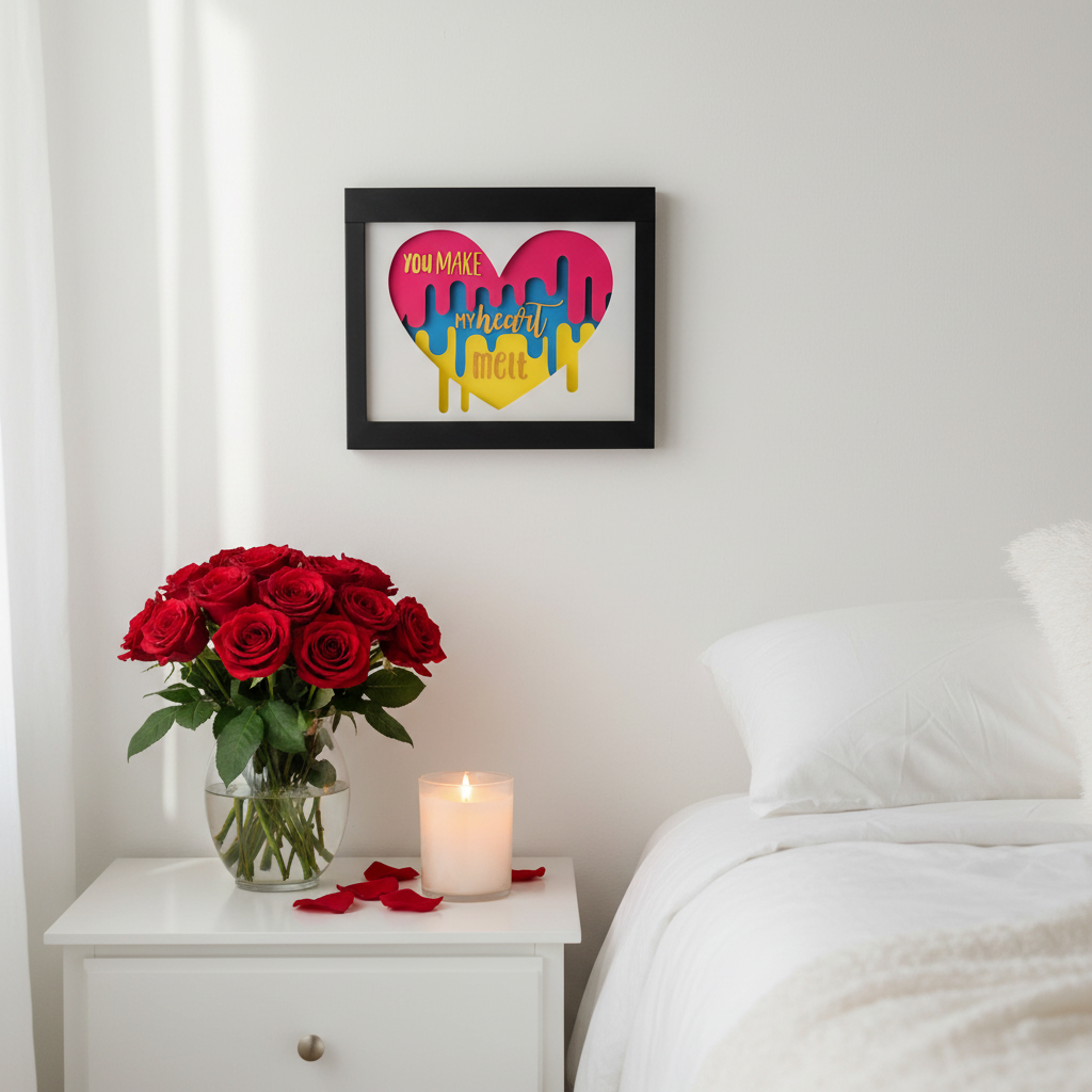 You Make My Heart Melt Shadow Box displayed on white bedroom wall above bedside table with candle and red roses