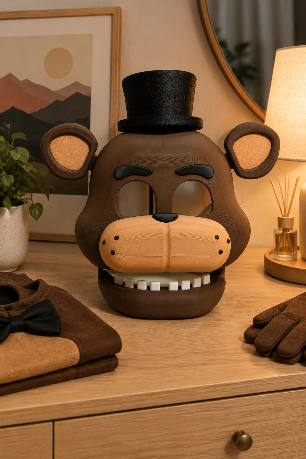 Brown bear Five Nights at Freddy's mask with black top hat on a dressing table