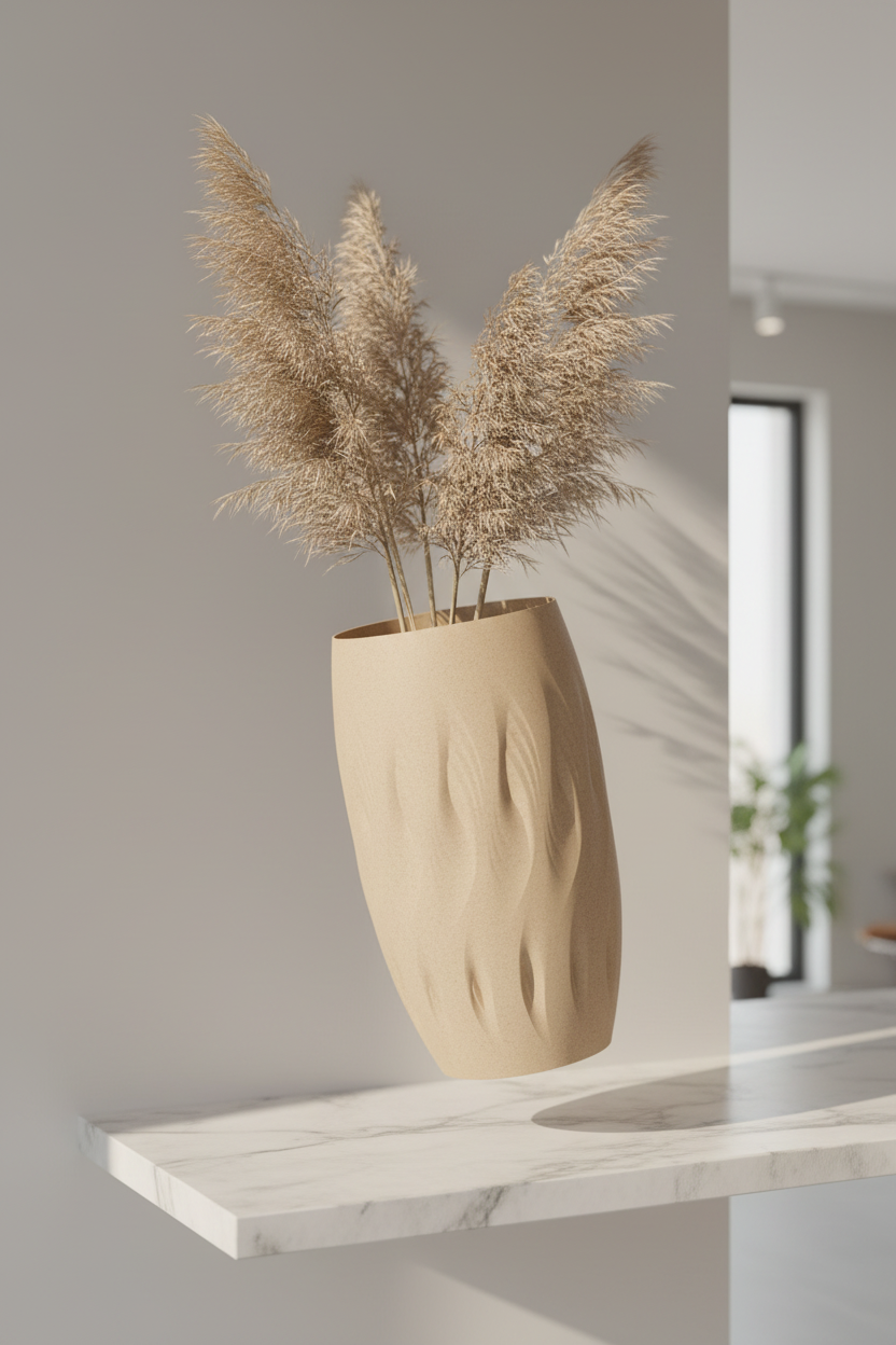 Stagger Twist Vase warm sandy beige matte flowing flame-twist surface impressions tall dried ornamental grass stems pale marble shelf bright contemporary home interior soft diffuse afternoon light portrait