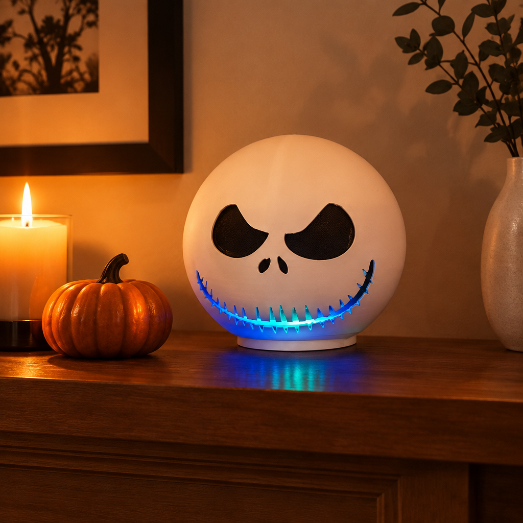 Jack Skellington shell glowing blue on a mantel with a candle and a small pumpkin
