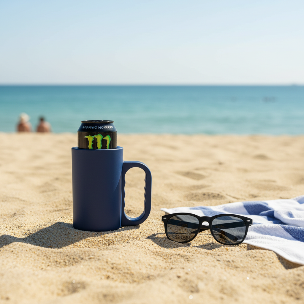 Navy blue insulating can cooler on golden beach sand with Monster Energy can inside and sunglasses beside it