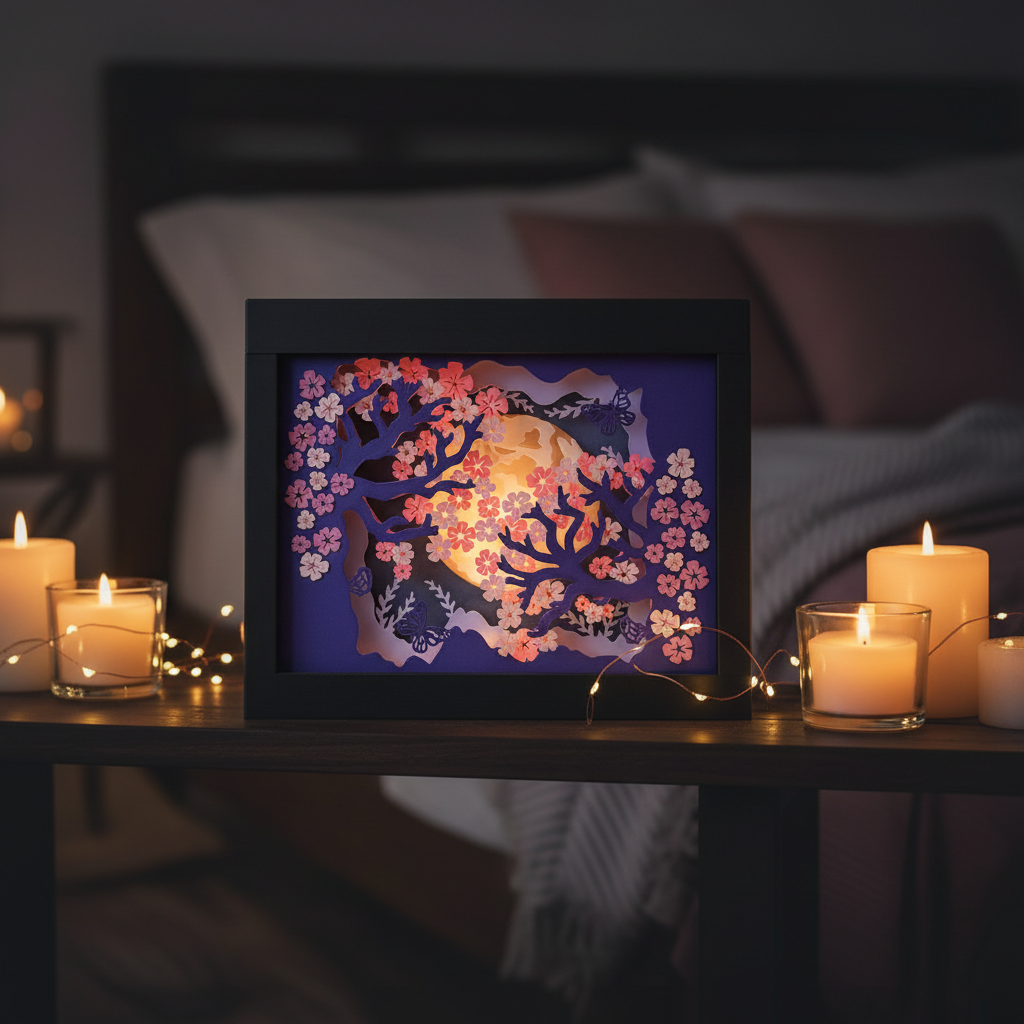 Sakura Cherry Blossom Shadow Box displayed on a dark bedroom shelf with fairy lights and candles